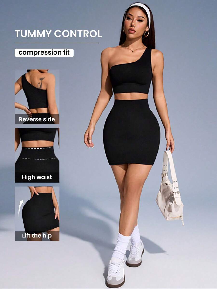 Easithlete 女士运动文胸搭配短裙套装，简约时尚，适合日常休闲穿着女士健身套装 - 黑色 - 查看 1