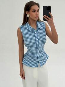 Aloruh Camisa de mujer casual/de trabajo sin mangas a cuadros