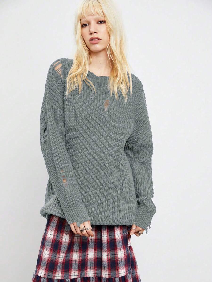 SHEIN Unity 女士纯色圆领长袖镂空极简休闲套头毛衣针织衫秋冬毛衣 - 深灰色 - 查看 1