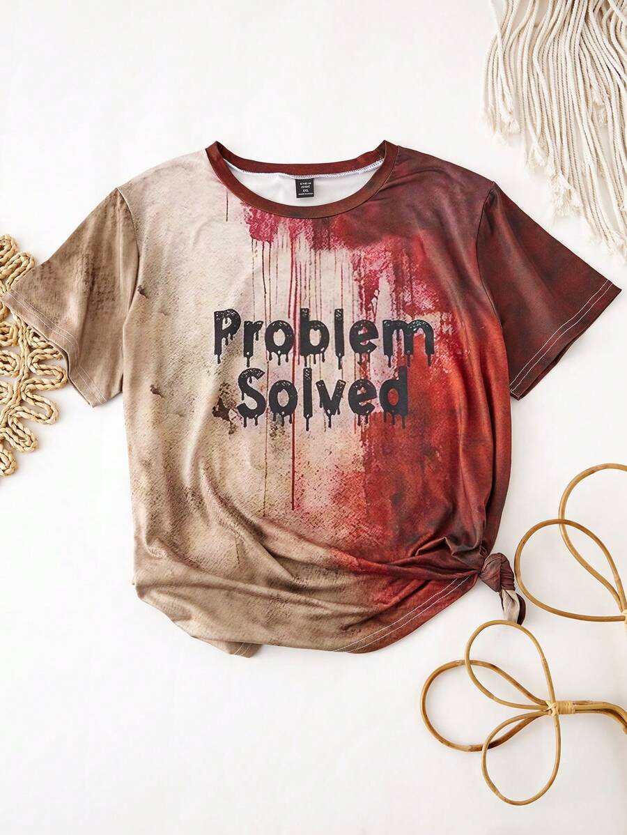 SHEIN LUNE Plus Size Problem Solved Print Slogan English Letter Horror Halloween Atmosphere Women Casual Crew Neck Short Sleeve T-Shirt Women Graphic Tee Top For Summer - Multicolor - View 1