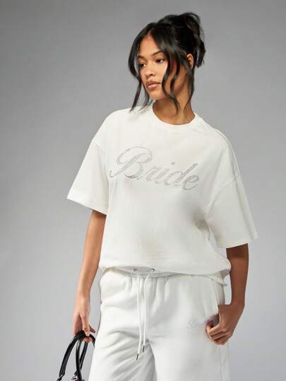 MISSGUIDED Camiseta oversize de novia con diseño de strass brillante, regalo para el partido de la boda, equipo nupcial, ocasión especial, declaración de comodidad casual