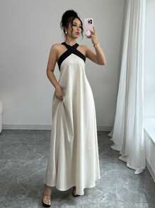 Rafferiza Black & Apricot Color Block Elegant Halter Backless Bowknot Strap Sleeveless Maxi Dress, Casual Beach Resort