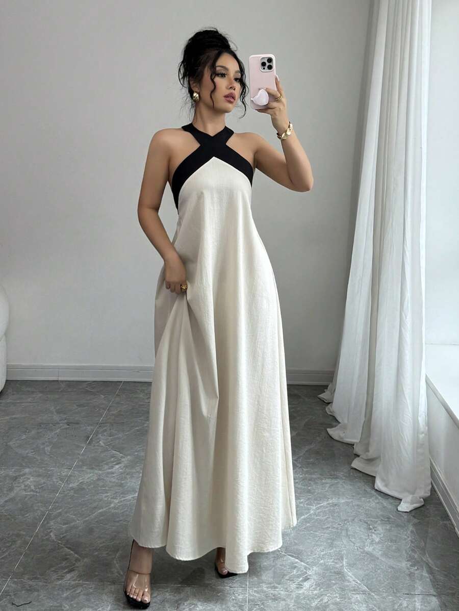 Rafferiza Black & Apricot Color Block Elegant Halter Backless Bowknot Strap Sleeveless Maxi Dress, Casual Beach Resort