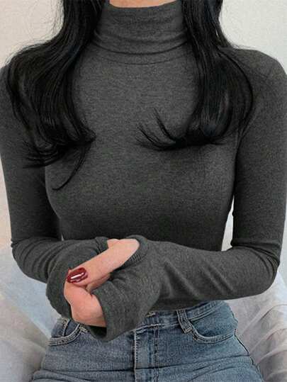 DAZY قميص داخلي نسائي بياقة عالية ولون أحادي، ملائم للشكل، ملابس خريفية بأكمام طويلة للنساء