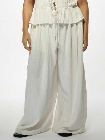 MISSGUIDED MISSGUIDED PLUS Flowy Wide Leg Palazzo Pants Pleated Front High Waist Trouser Elegant Evening Office Wear Loose Fit Comfortable Dressy Work Pants Fall Winter