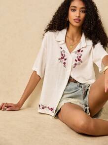 Poéselle 女士简约时尚休闲长袖衬衫，日常穿着 - 白色 - 查看 3