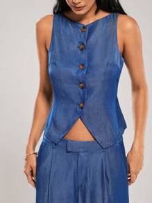 SHEIN Forever 21 Summer Clothes /Business Women Attire/Graduation Outfit /Women Workoutfits /Elegant /Casual Women Outfits/Summer Clothes /Blue Sleeveless Vest And Trousers/Summer Two Pieces Outfits - Blue - View 6