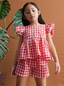 THE HAPPY LOOK Young Girl 2pcs Red Plaid Detachable Ruffle Bowknot Blouse Sets