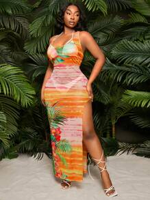 SHEIN SXY Vestido con abertura alta de malla transparente con estampado tropical de flor y palmera para mujer de talla grande, adecuado para uso diario, festivales de música, conciertos, fiestas de carnaval, vacaciones en la playa, citas, cumpleaños, despedida de soltera, club, informal, compras, ropa de calle, salidas, fácil de combinar y hace lucir delgada, resalta la figura