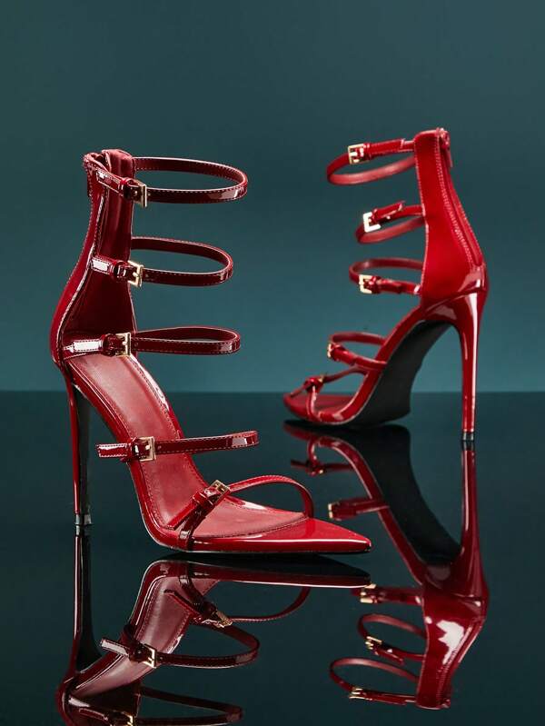 SHUZIA Scarpa elegante e stilosa con punta a punta, in pelle verniciata bordeaux, con fibbie multiple, tacco alto perfetta per l'estate e la primavera
