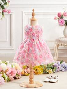 SHEIN Babygirl 可爱优雅粉色花卉印花网眼覆盖夏季连衣裙 - 粉色 - 查看 5