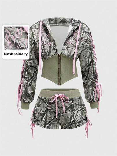 J-Fashion Ensemble 2 pièces femme sexy à taille basse, camouflage avec broderie et imprimé de lettres anglaises, style Y2K