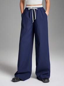 LYSMO Navy Blue Striped Patchwork Casual Pants, Solid Color Minimalist Fashion For Everyday Wear