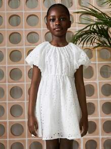 SHEIN Young Girls Round Neck Embroidered Balloon Sleeve Waisted A-Line White Dresses - White - View 3