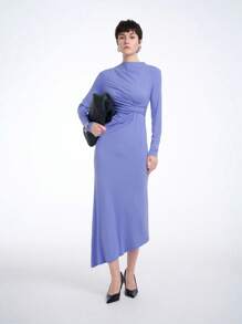 SHEIN LUNE 高领褶皱腰扭纹不对称下摆长袖休闲连衣裙，秋冬 - 藍色 - 查看 4