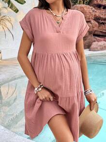 SHEIN Maternity Solid V-Neck Butterfly Sleeve Ruffle Hem Casual Dress - Pink - View 1