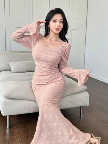 Modelyn Off Shoulder Jacquard Knit Ruched Flare Sleeve Fish Tail Hem Long Dress For Women - Pink - View 3