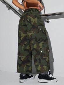 INAWLY Camo Print Cargo Pocket Washed Women's Jeans - Multicolor - View 2