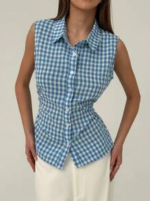 Aloruh Camisa de mujer casual/de trabajo sin mangas a cuadros