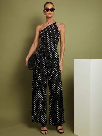 COSMINA 2 pièces Ensemble Top et pantalon à pois pour femmes, vêtement casual minimaliste pour tous les jours