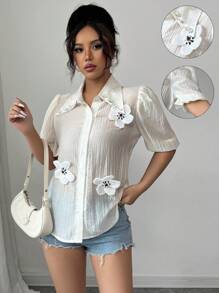 Elenzga Blusa de botones con mangas abombadas y diseño floral 3D elegante y de moda para mujer, ropa de resort para mujer