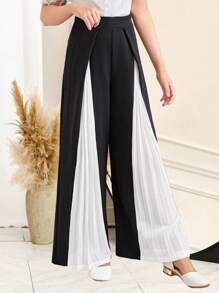 SHEIN Pantalones negro sólido con parches y blanco plisado para niña preadolescente, pantalones casuales y elegantes negros, temporada de vuelta al colegio