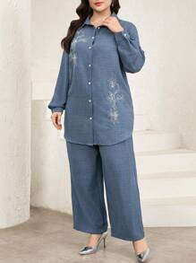 Veilorie Plus Size Women Floral Print Long Sleeve Single-Breasted Shirt And Pants Casual 2 Pieces Set - Dusty Blue - View 5