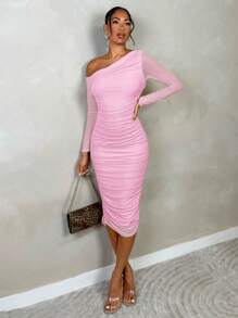 SHEIN BAE 春夏女士优雅褶饰网眼修身喇叭中长连衣裙、长袖派对/鸡尾酒会礼服 - 淺粉色 - 查看 3