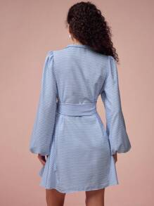 Enchnt Spring/Summer Romantic Women Lace-Embellished Striped Print Large Puff Sleeves Short Dresses,Sweet&Elegant For Holiday &Sweet Date&Daily&Vacation - Blue - View 7