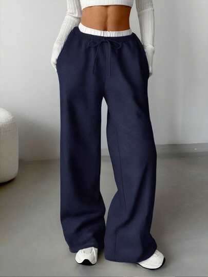 SHEIN Teen Girls Kontrastfärg Oversized stickade Casual träningsbyxor