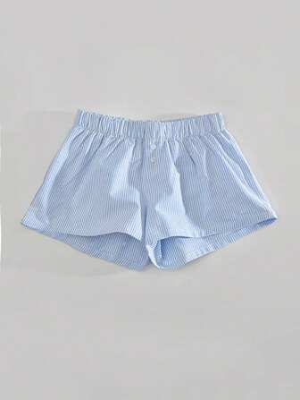 SHEIN Tween Girl Woven Striped Print Button Decor Loose Casual Shorts, Suitable For Back To School, Casual Sporty, Mommy And Me Matching Outfits