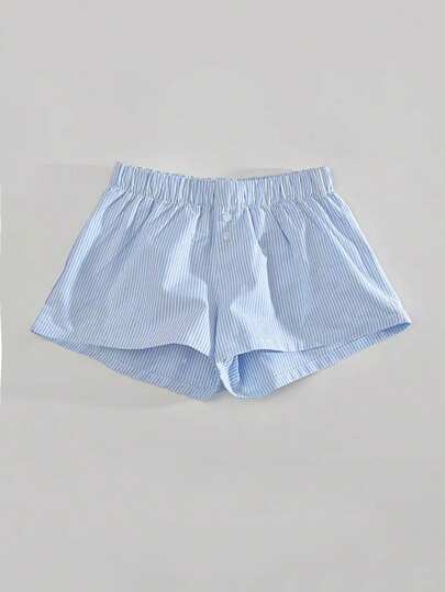 SHEIN Tween Girl Woven Striped Print Button Decor Loose Casual Shorts, Suitable For Back To School, Casual Sporty, Mommy And Me Matching Outfits