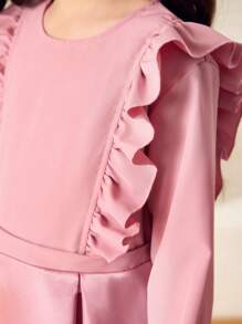 Tween Girls Grey & Pink Ruffle Hem Long Sleeve Dress - Pink - View 4