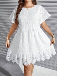 SHEIN LUNE Plus-Size Women'S Summer Boho White Embroidered Fabric Round Neck Short Sleeve Doll Version Loose Casual Dress - White - View 8