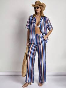 COSMINA 女士优雅条纹印花裤，适合假日通勤、夏季、度假、春季、海滩、春夏 - 彩色 - 查看 1