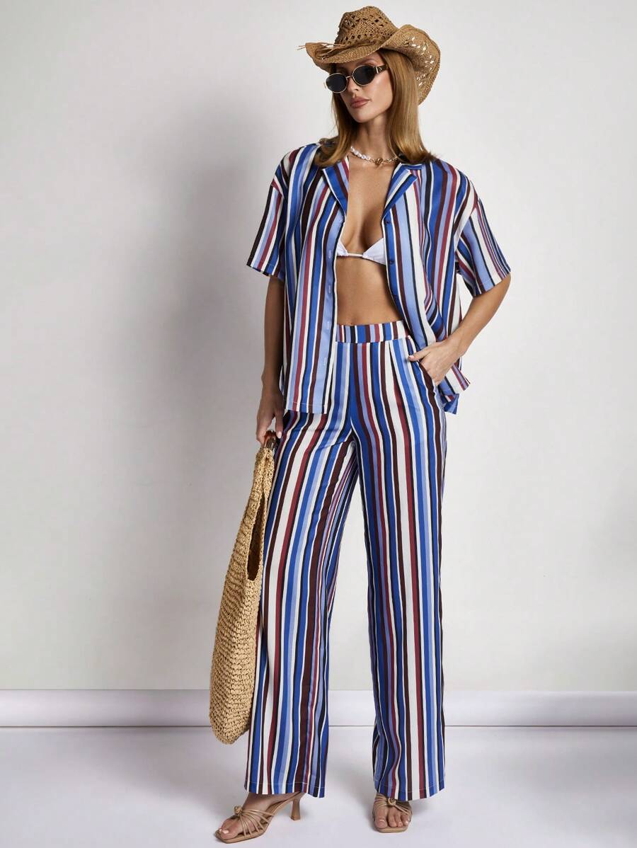 COSMINA 女士优雅条纹印花裤，适合假日通勤、夏季、度假、春季、海滩、春夏 - 彩色 - 查看 1
