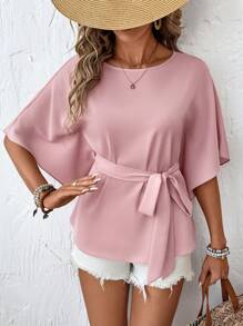 SHEIN LUNE Women Solid Color Crew Neck Batwing Sleeve Knotted Waist Casual Blouse Cute Tops Summer Tops Crop Tops Shirts Women Vacation Outfits Women Going Out Tops Beach Outfits For Woman Shirts - Pink - View 4