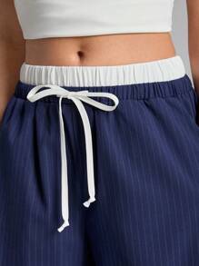 LYSMO Navy Blue Striped Patchwork Casual Pants, Solid Color Minimalist Fashion For Everyday Wear