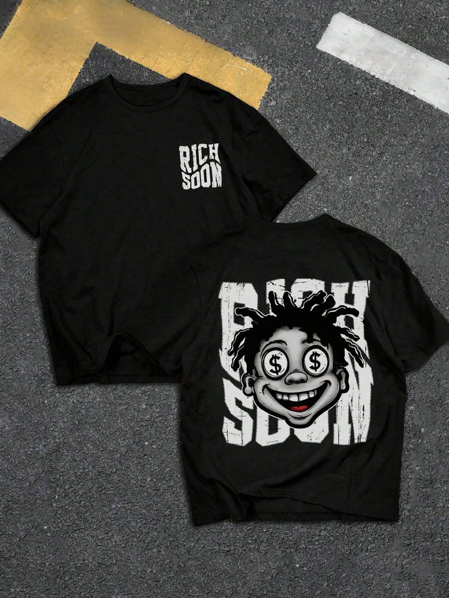 SHEIN Áo thun cổ tròn tay ngắn in hình nhân vật hoạt hình & đồ họa "Rich Soon" giản dị dành cho bé trai tuổi mới lớn, phù hợp cho mùa hè - màu đen - Xem 1