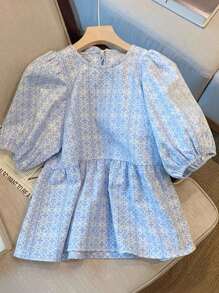SHEIN Unity 新品春夏泡泡袖蝴蝶结设计休闲几何印花短款衬衫女式衬衫 - 藍色 - 查看 2