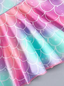 Tween Girl Mermaid Print Ruffle Trim Belted Dress, Suitable For Summer Beach, Vacation, And Playtime - Multicolor - View 7