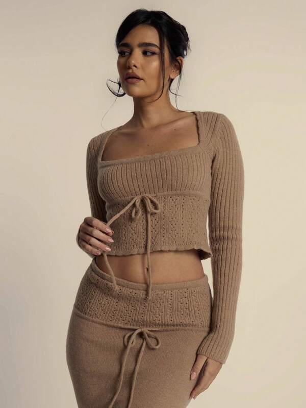 MUSERA Top de manga larga ajustado con cuello cuadrado y nudo, de punto acanalado, elegante y lindo para la primavera