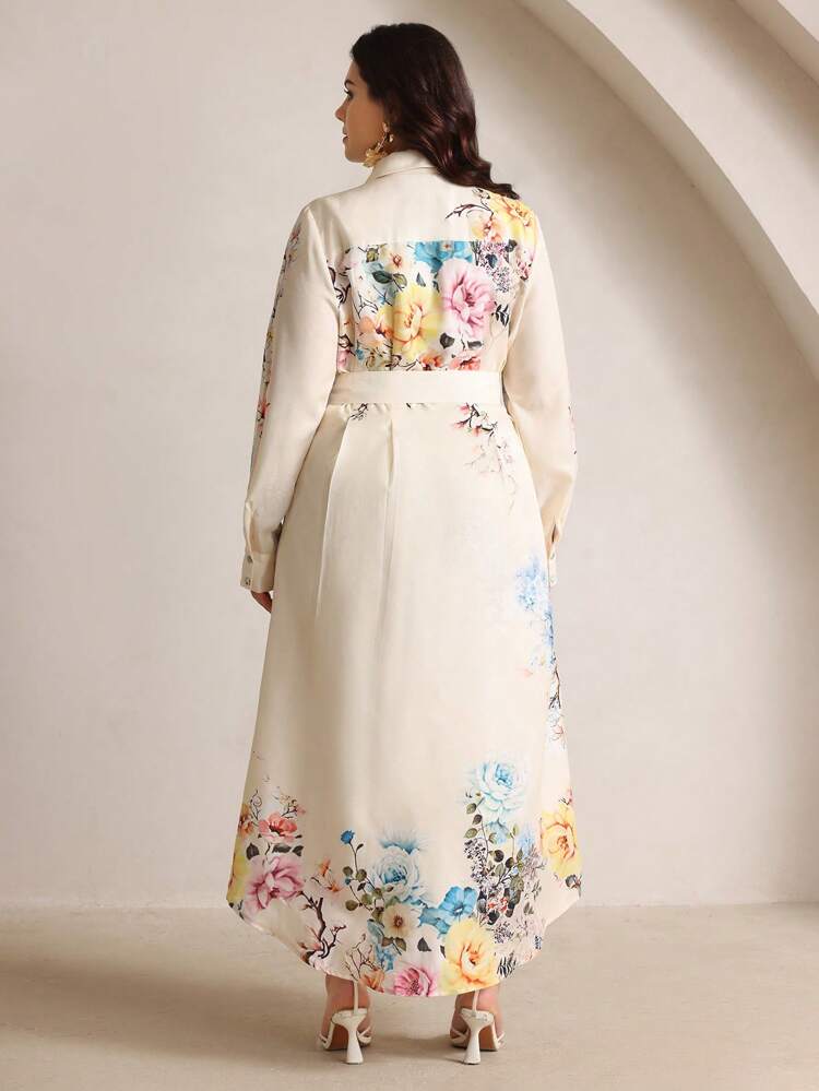 Women's Elegant Dining, Party, Vacation Waist Pleated Floral Print Shirt Dress