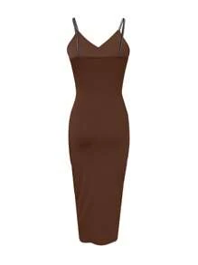 Breezaya Women's Spaghetti Strap Cross Back Cutout Waist High Slit Bodycon Dress, Spring/Summer Burgundy Maxi Women Outfit - Coffee Brown - View 2