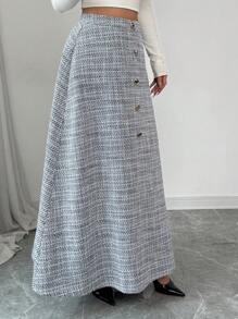 Modelyn Women's Elegant Woven Tweed Button A-Line Skirt