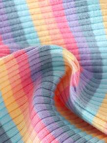 6 件/套女孩可爱服装 - 3D 花卉可爱彩虹条纹吊带背心和蝴蝶结短裤，弹性针织面料，非常适合春夏户外 - 彩色 - 查看 3