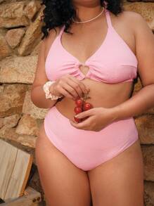 SHEIN Swim Mod 2 件大码女式甜美粉色心形吊带文胸和泳裤泳装套装，假日海滩装，夏季度假 - 粉色 - 查看 2