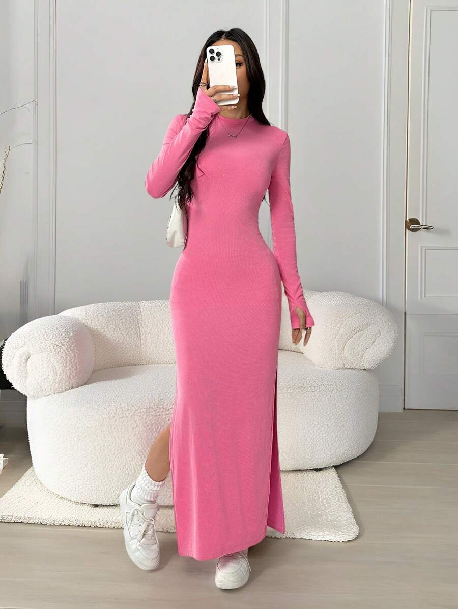 SHEIN EZwear 女士纯色圆领长袖休闲开衩下摆紧身连衣裙 - 粉色 - 查看 1