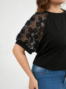 SHEIN Essnce Camiseta sin mangas de mujer talla grande de primavera y verano, estilo casual y holgado, cómoda para el uso diario, con bordado tridimensional y diamantes, atuendos de verano para mujer, ropa de iglesia para mujer, top brillante, blusas para curvas