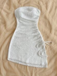 Soleia Women's Resort Knitted White Lace Fabric Mini Dress, Asymmetrical Hem, Drawstring Waist, Sexy Party & Date Outfit, Suitable For Valentine's Day